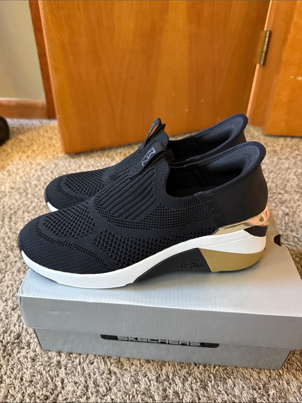 Skechers Black Slip-On Knit Platform Sneakers with Gold Heel Accent - Picture 3 of 6